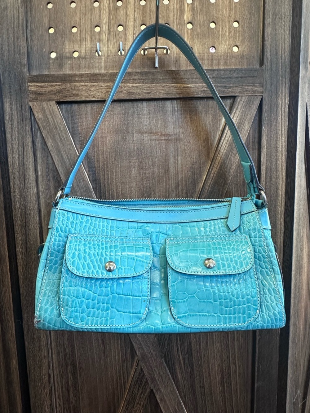 Vintage Turquoise Croc-Embossed Shoulder Bag - Stylish Women’s Handbag